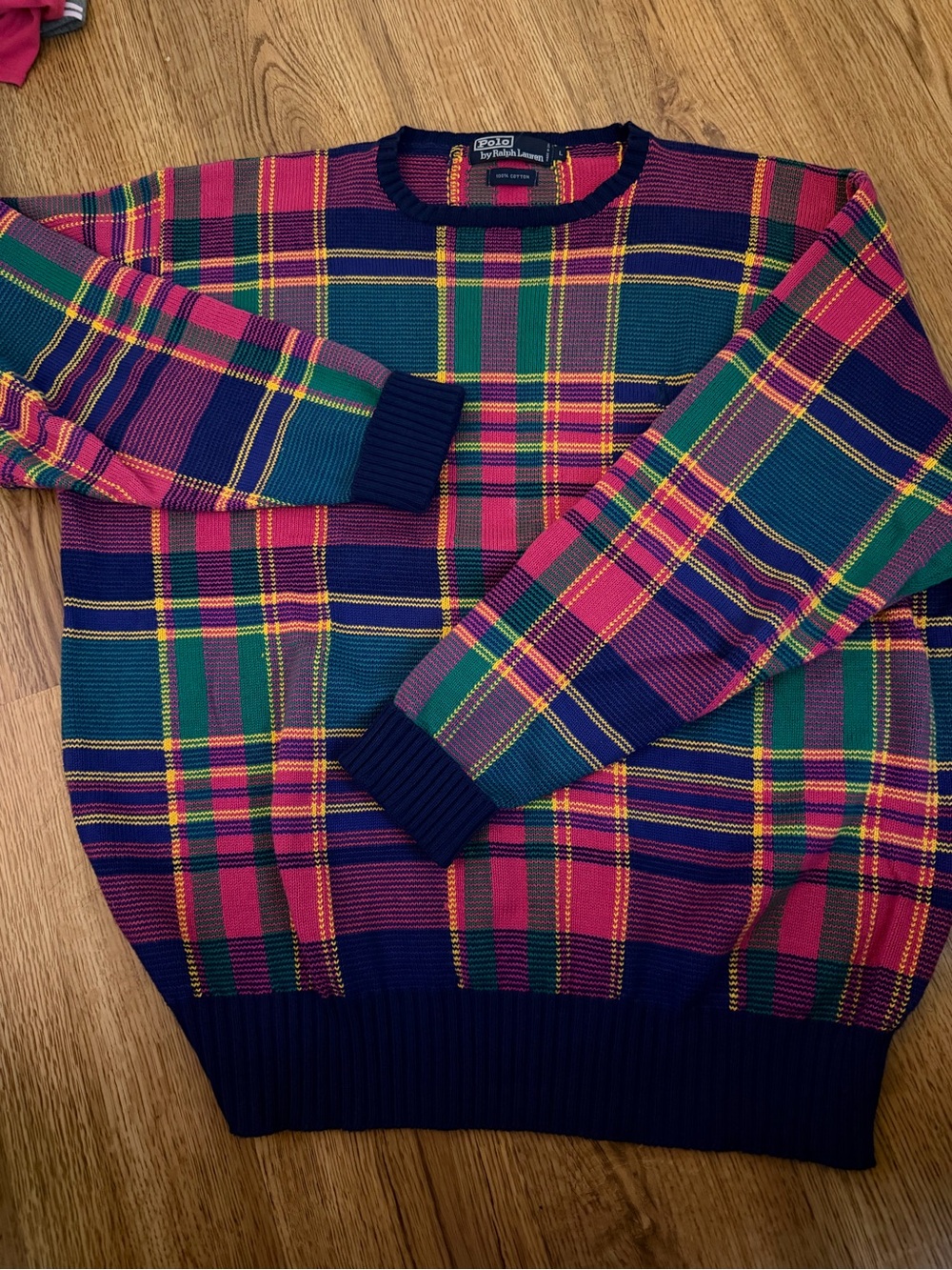 Ralph Lauren Multicolor Plaid Crewneck Sweater with Navy Trim